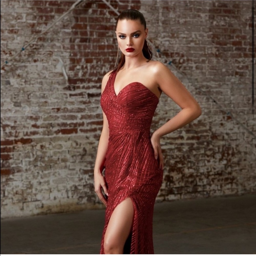 One Shoulder Sequined Burgundy Prom, Pageant, Formal Dress